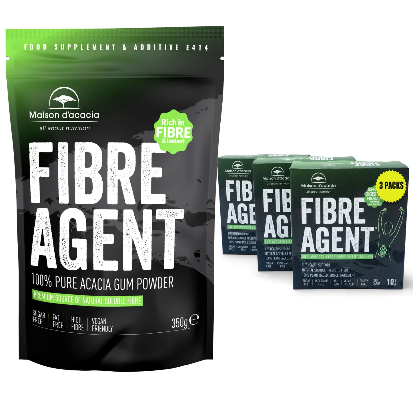 Maison d'acacia FibreAgent and fiber sachets. Acacia Fibre. Gum Arabic